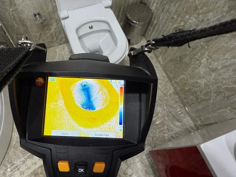 Beştepede su kaçağı tespiti yaparken kullandığımız termal kameramız, kırmadan cihazlı su kaçağı tespitinde bir numara